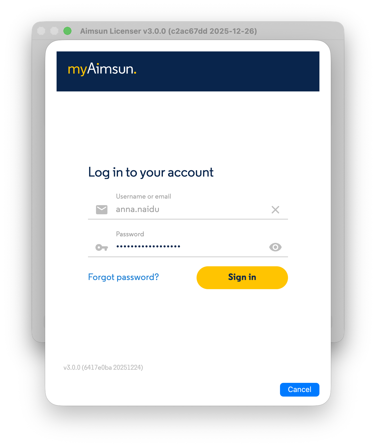 Aimsun Licenser: Account Login
