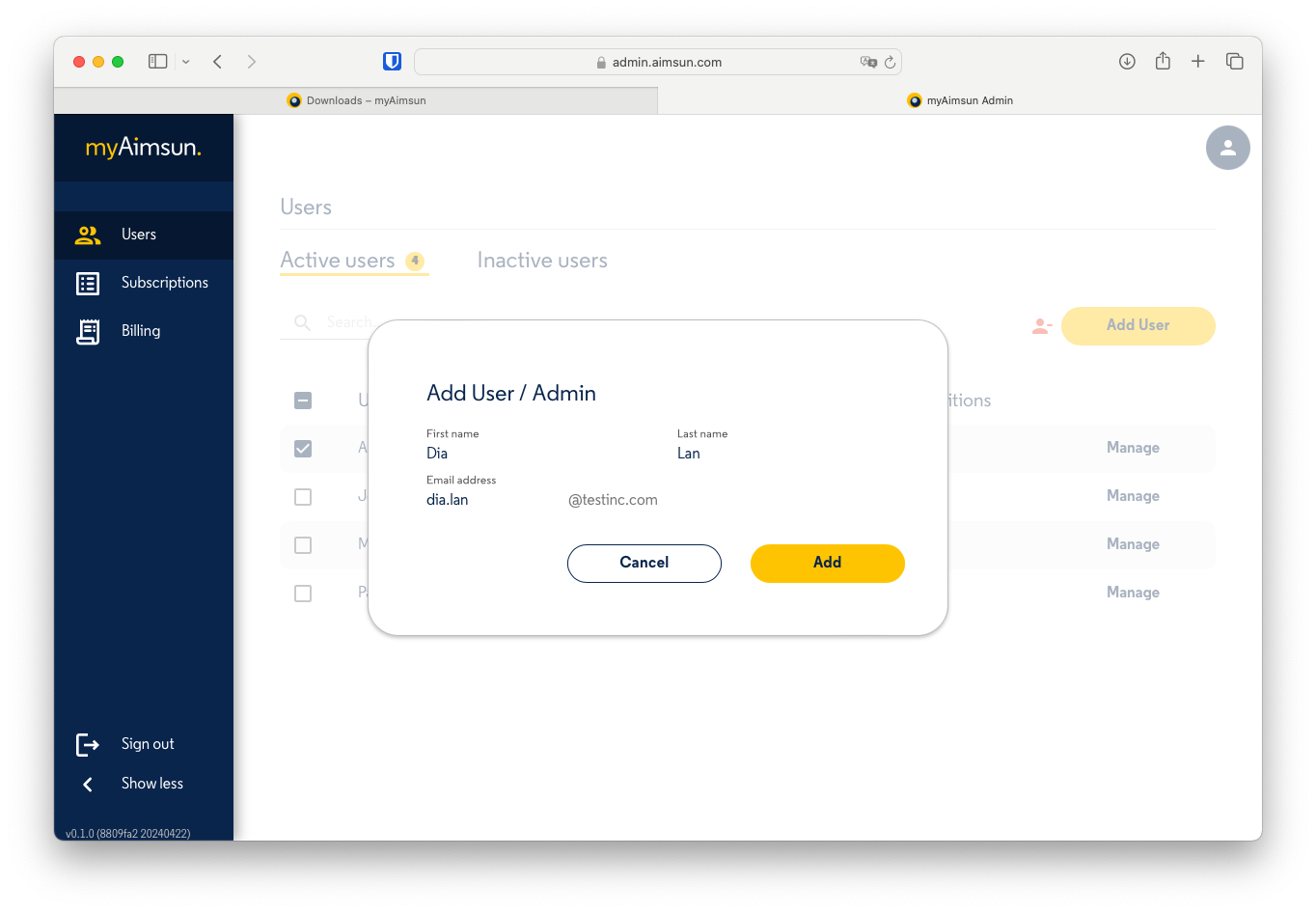Aimsun Admin: Add User myAimsun Admin: Add User