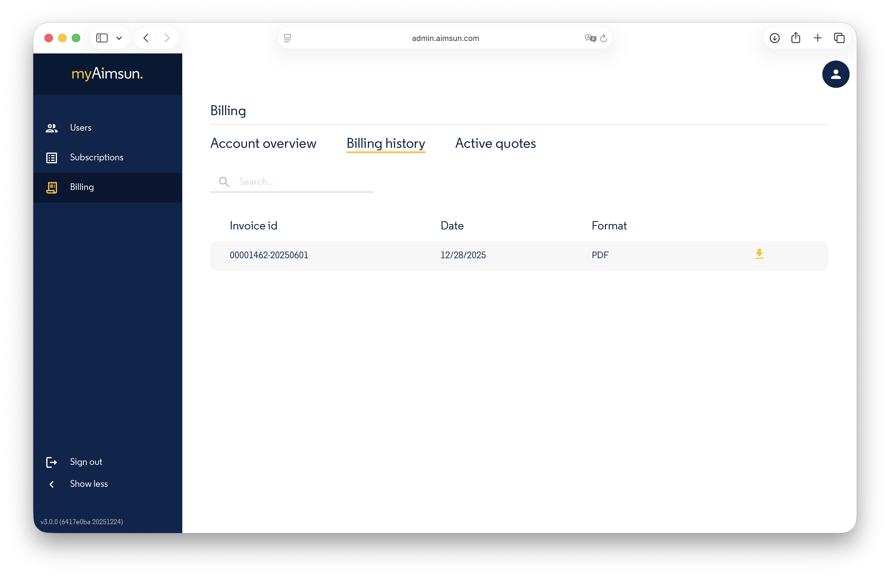 Aimsun Admin: Invoices