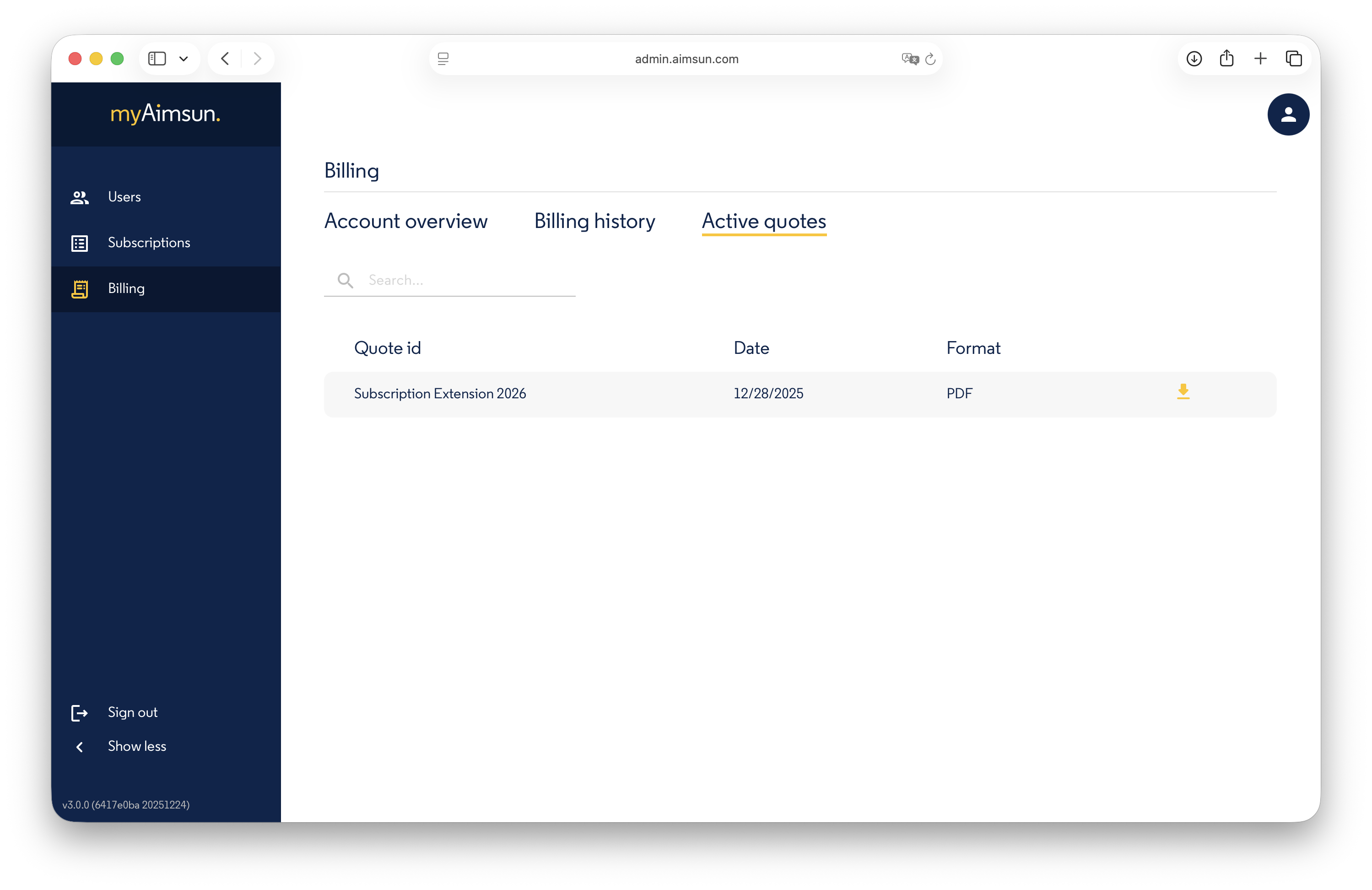 Aimsun Admin: Active Quotes
