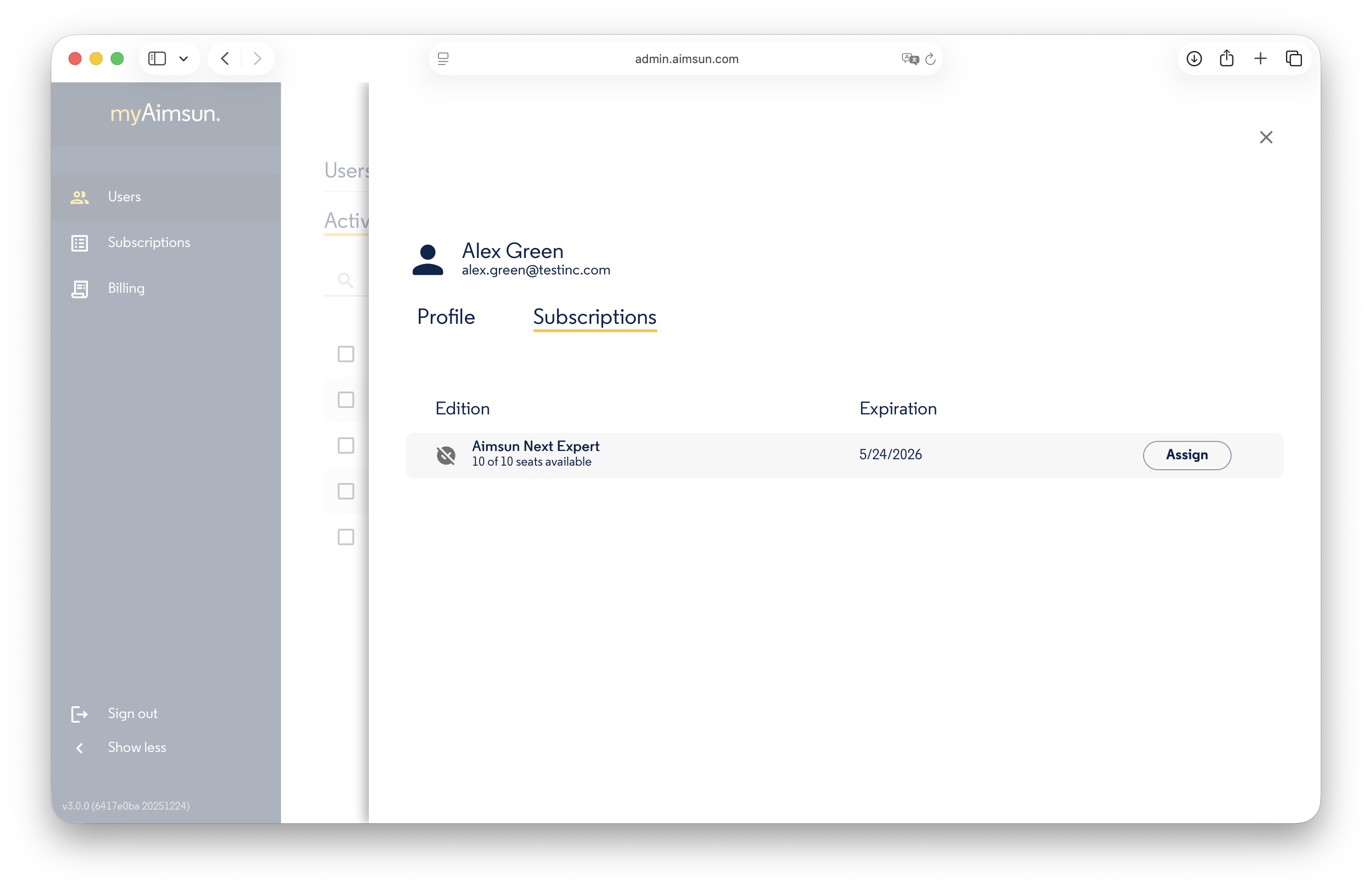 Aimsun Admin: Assign a Subscription