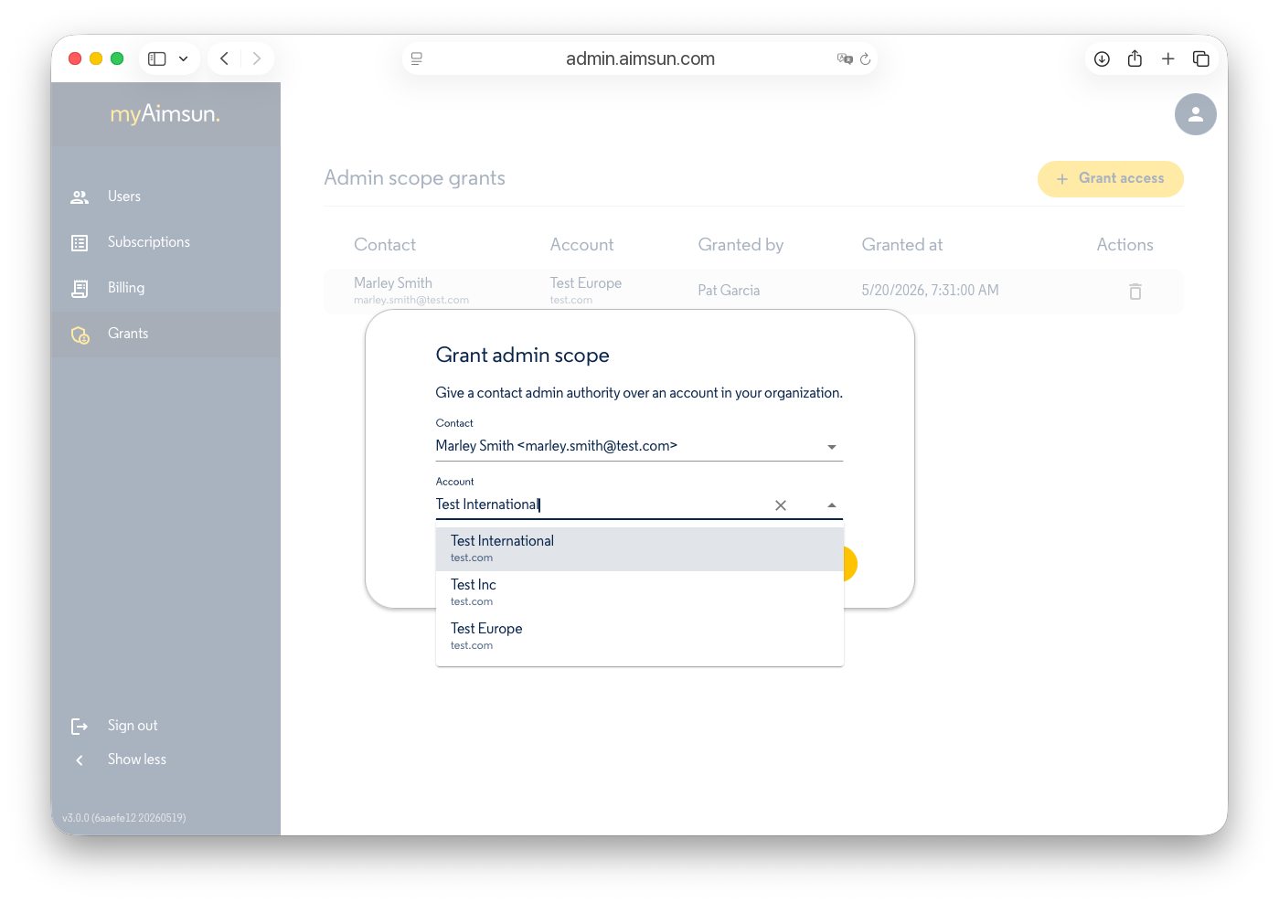 Aimsun Admin: Grant access dialog