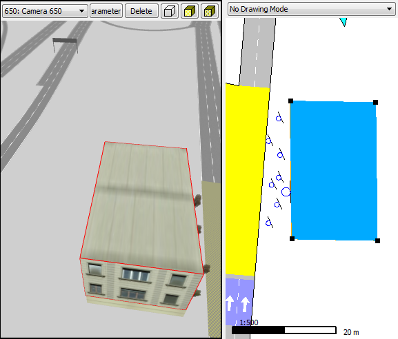 Selected object in a 2D and in a 3D view