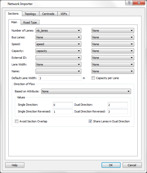 Network Importer Dialog: Sections