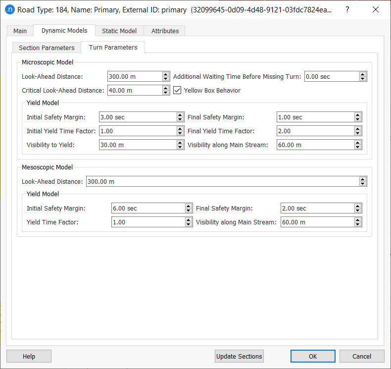 Road Type editor – Dynamic Models folder – Turn Parameters