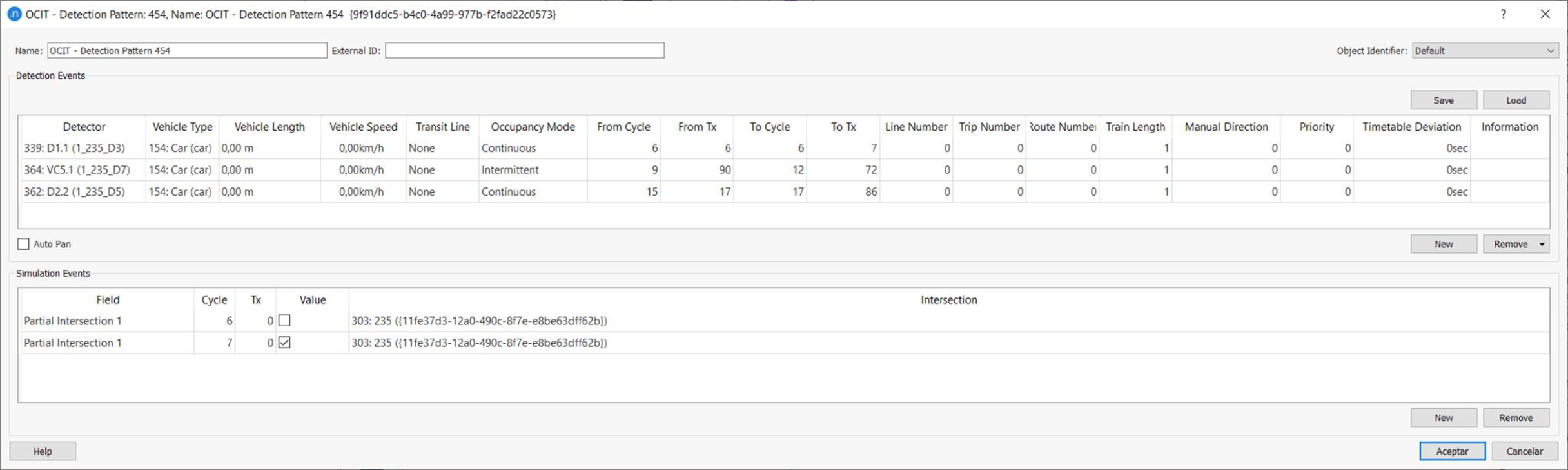 OCIT detection pattern dialog