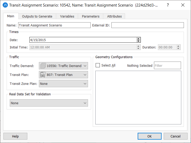 Transit assignment scenario dialog