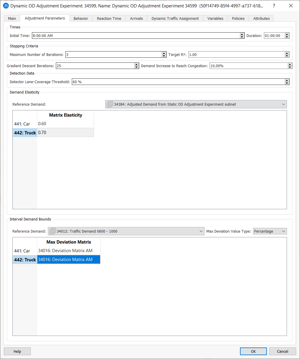 Dynamic OD Adjustment Experiment Parameters