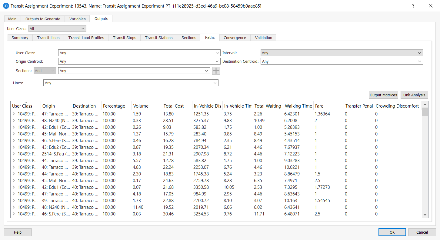 Transit Assignment Experiment Outputs: Paths