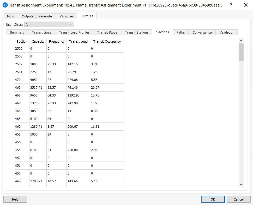 Transit Assignment Experiment Outputs: Sections