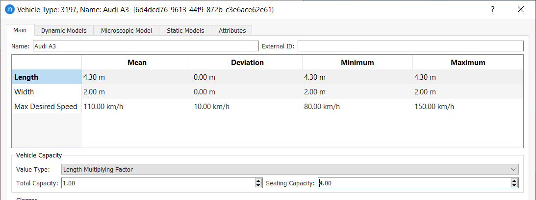 Setting up vehicle type length