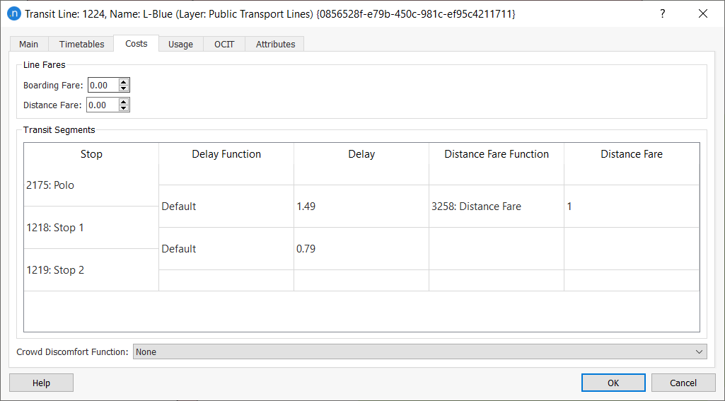 Transit Line editor – Costs tab