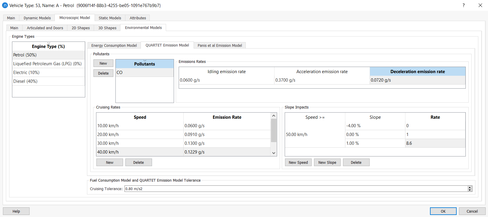 Vehicle Type editor - Microscopic Model Folder - QUARTET consumption subfolder 