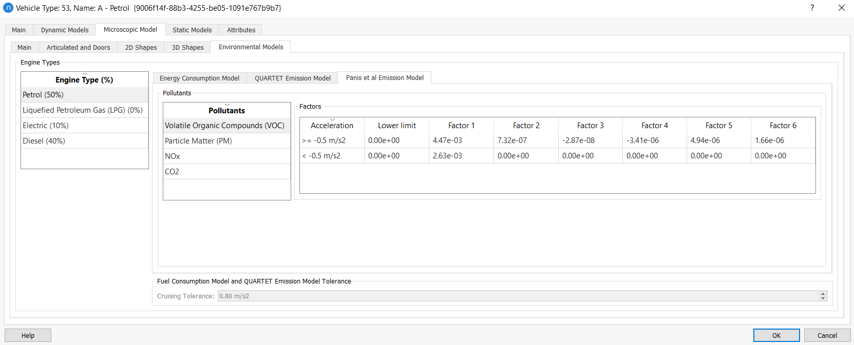 Panis et al pollution emission values defined in the Vehicle Type editor