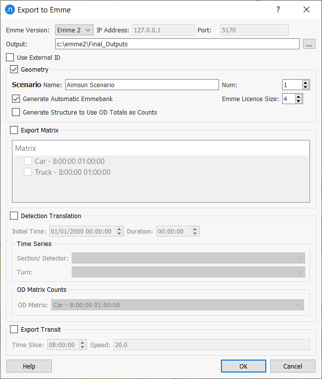 Export to Emme dialog