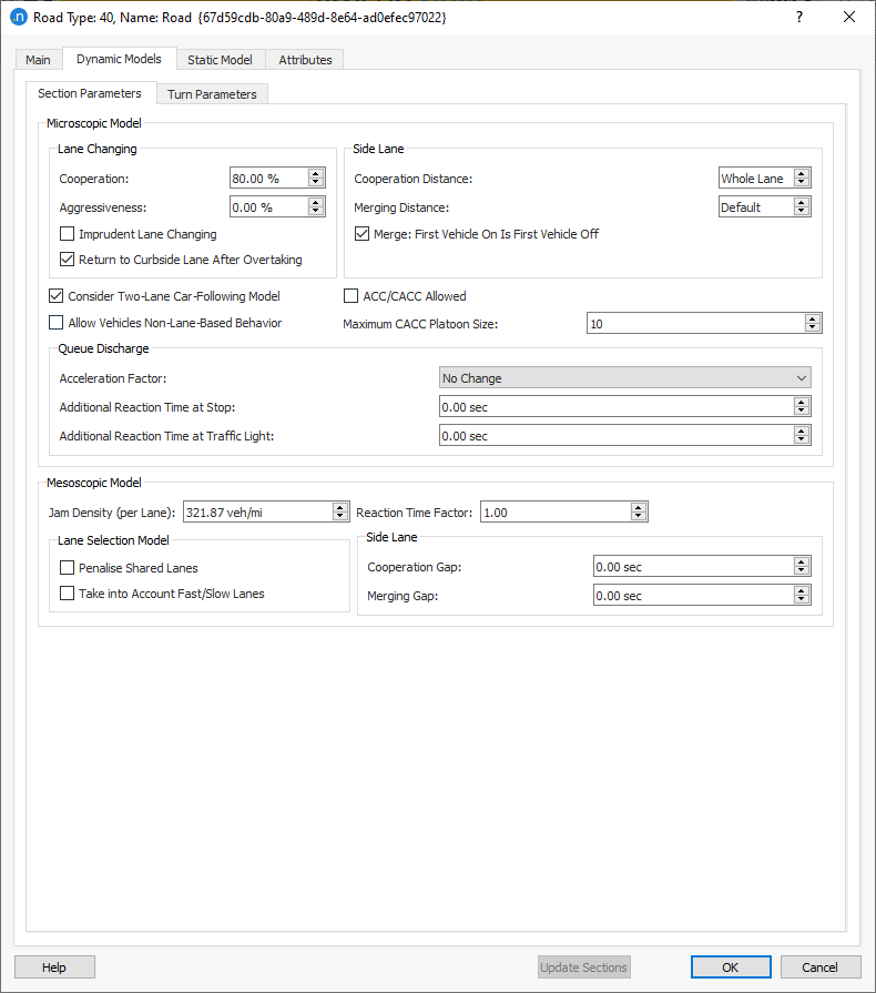 Road Type editor – Dynamic Models tab – Section parameters