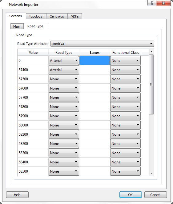 Network Importer Dialog: Sections - Road Type