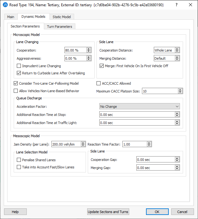 Road Type editor – Dynamic Models tab – Section parameters