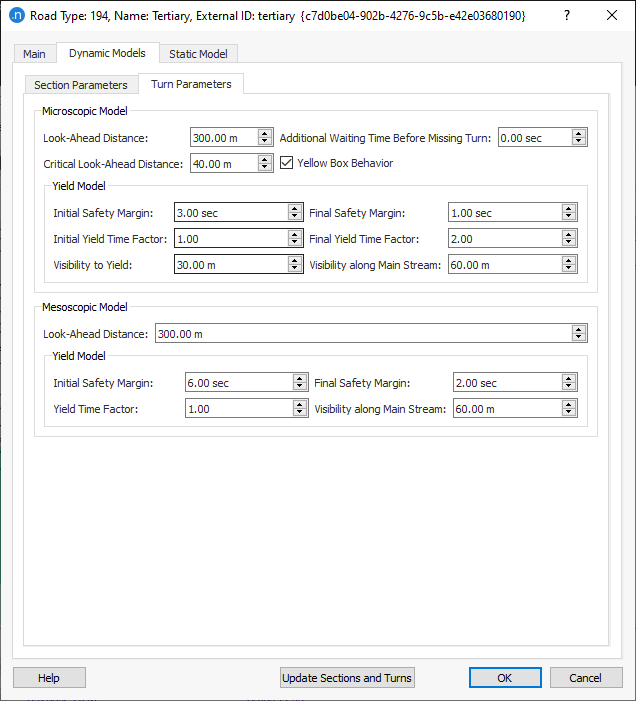 Road Type editor – Dynamic Models folder – Turn Parameters