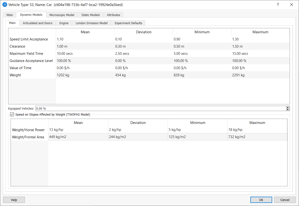 Vehicle Type editor - Dynamic Models Tab- Main tab 