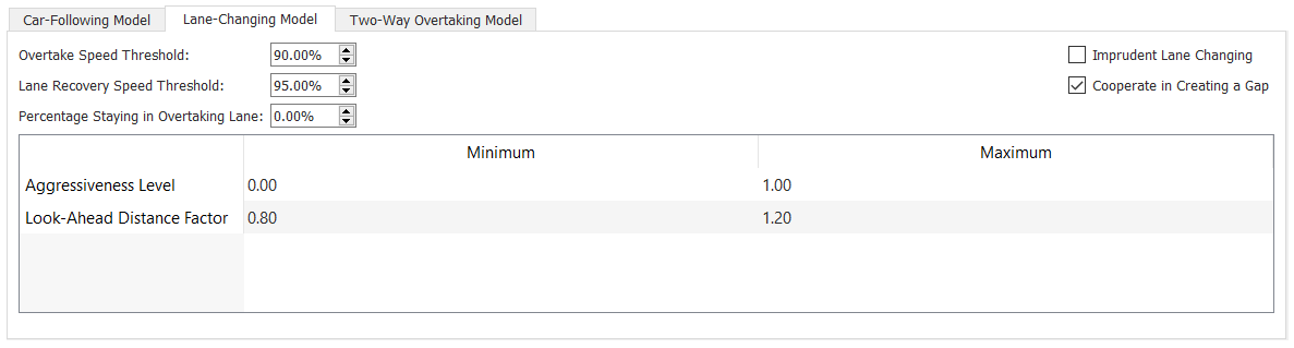 Vehicle Type editor - Microscopic Model Folder - Lane Changing subfolder