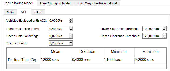 Vehicle Type editor - Microscopic Model Folder - Car-following ACC subfolder