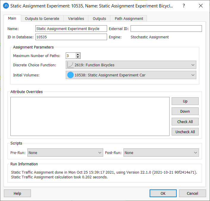 Static assignment experiment dialog