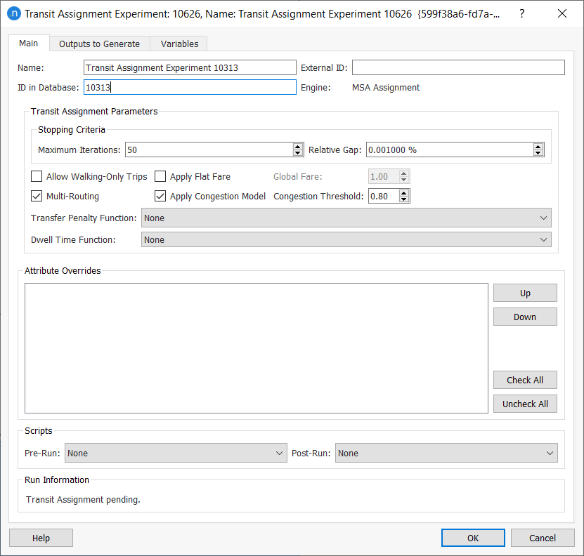 Transit assignment experiment main tab