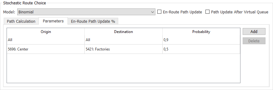 Stochastic Route Choice parameters window. Binomial Model