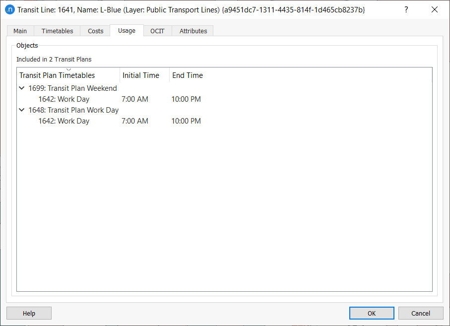 Transit Line editor – Usages Tab