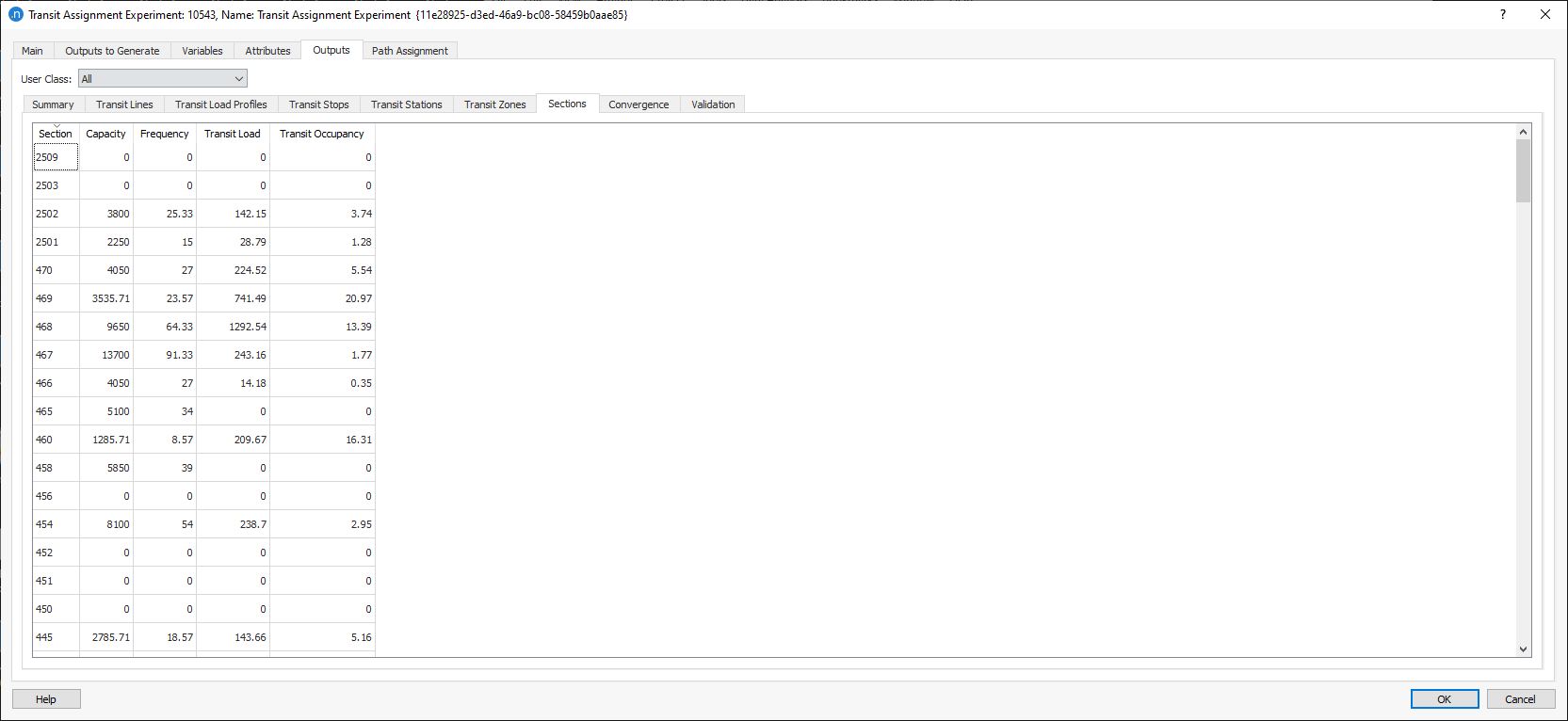 Transit Assignment Experiment Outputs: Sections