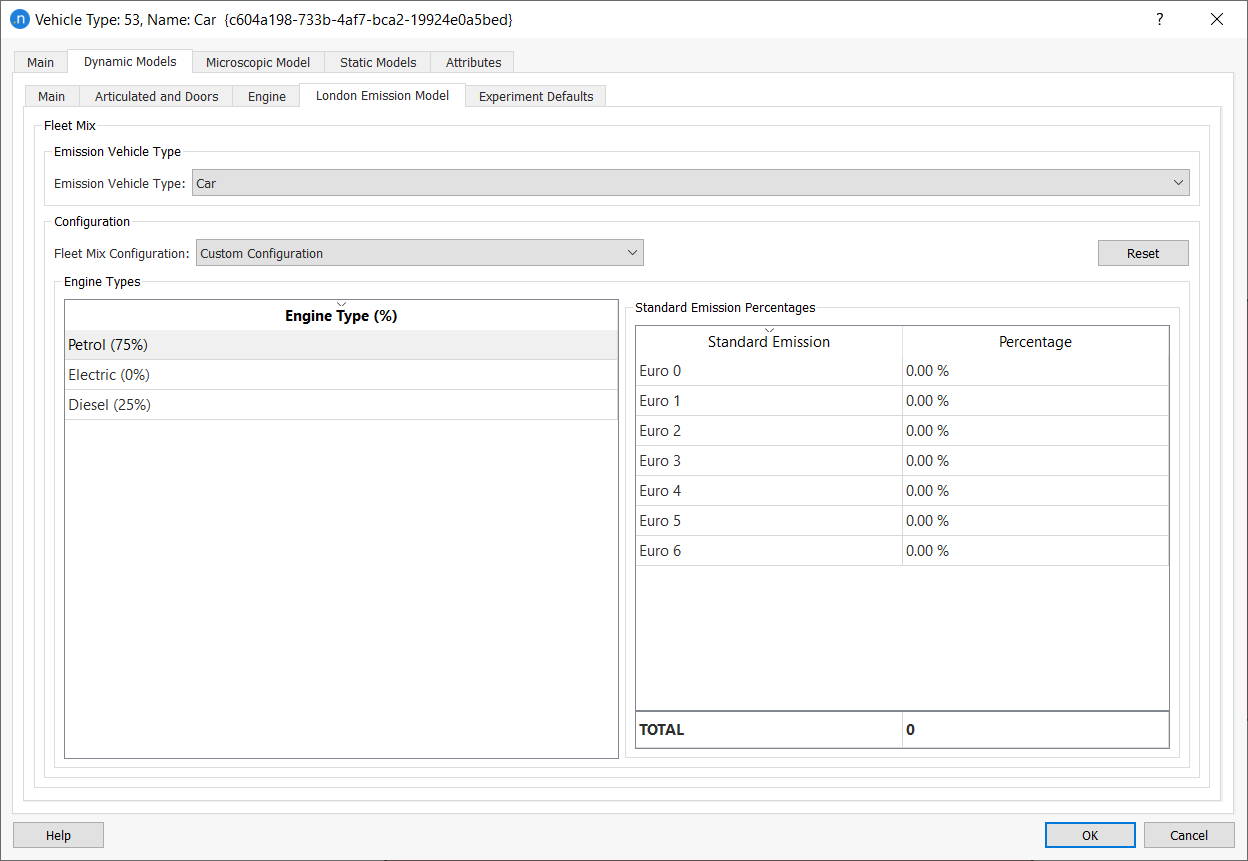 Vehicle Type editor - Fleet Mix of the LEM 