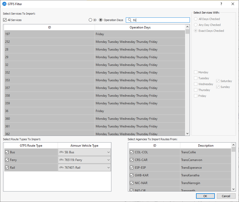 GTFS filter search partial