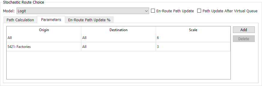 Stochastic Route Choice parameters window - Logit Model