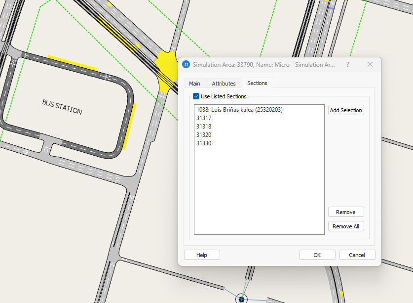 Editing sections in the simulation area editor