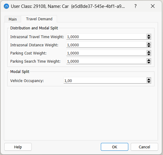 User Class travel demand tab