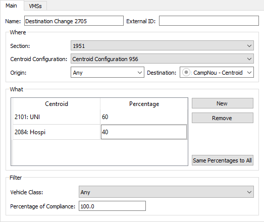 Destination Change Action Editor