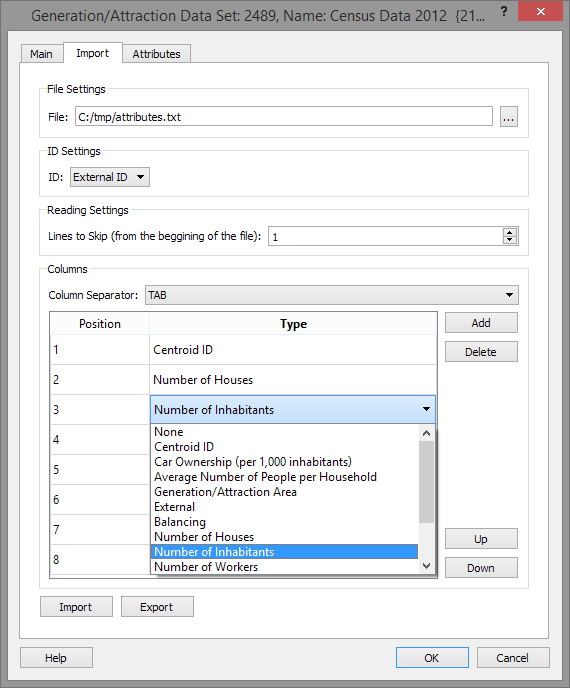 Import tab in the Generation/Attraction Data Set editor