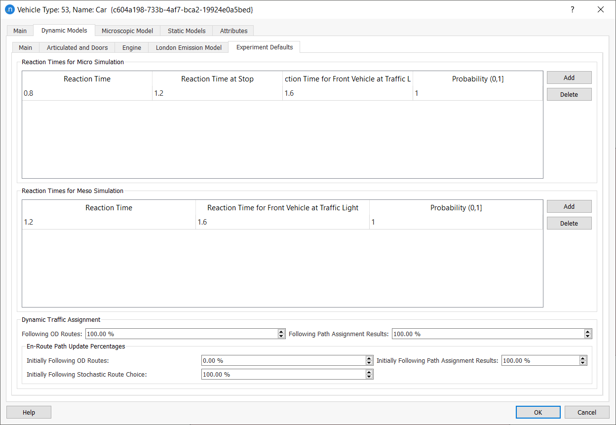 Vehicle Type editor - Dynamic Models tab - Experiment defaults tab 