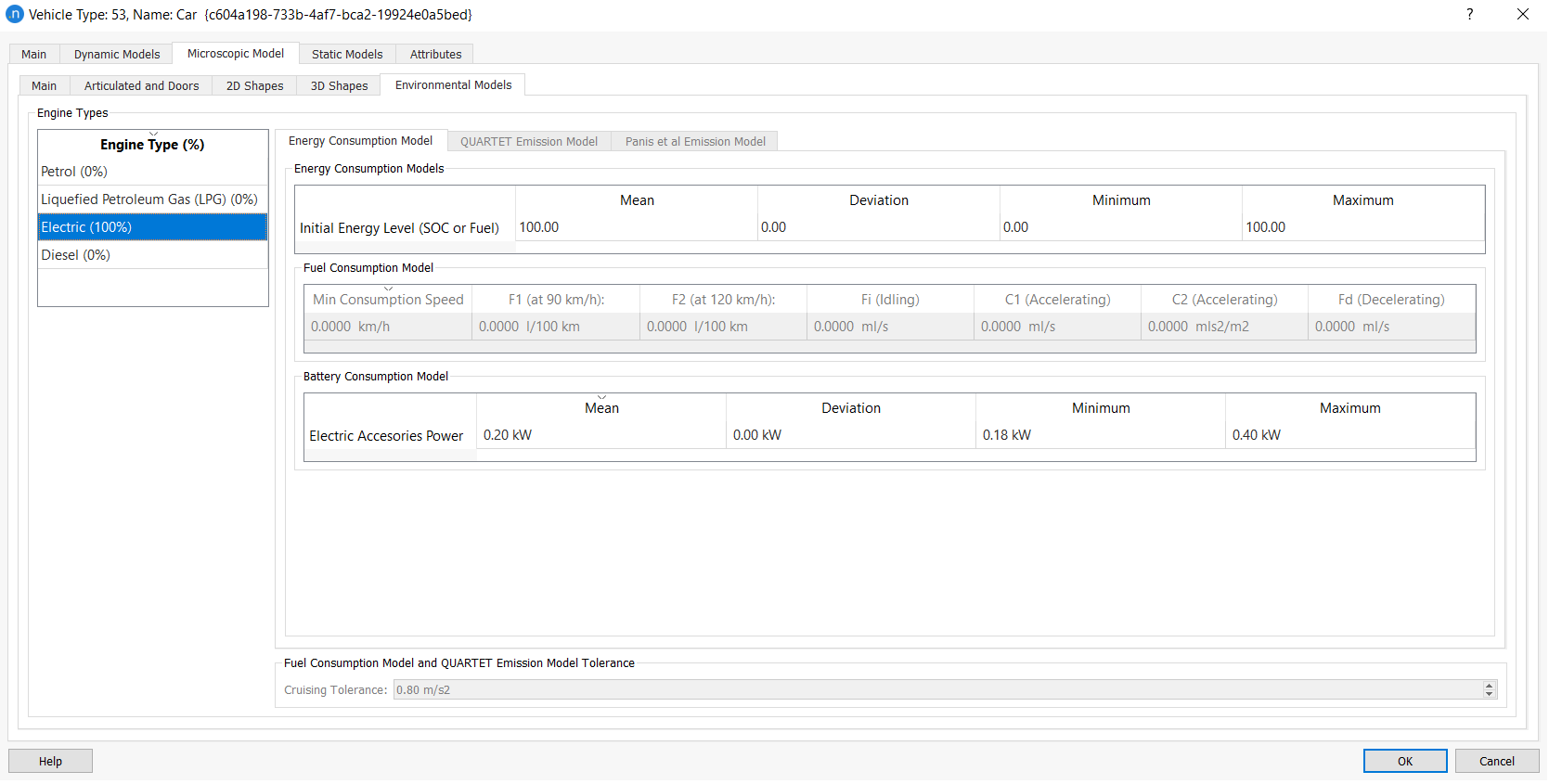 Energy consumption model tab of the Vehicle Type dialog