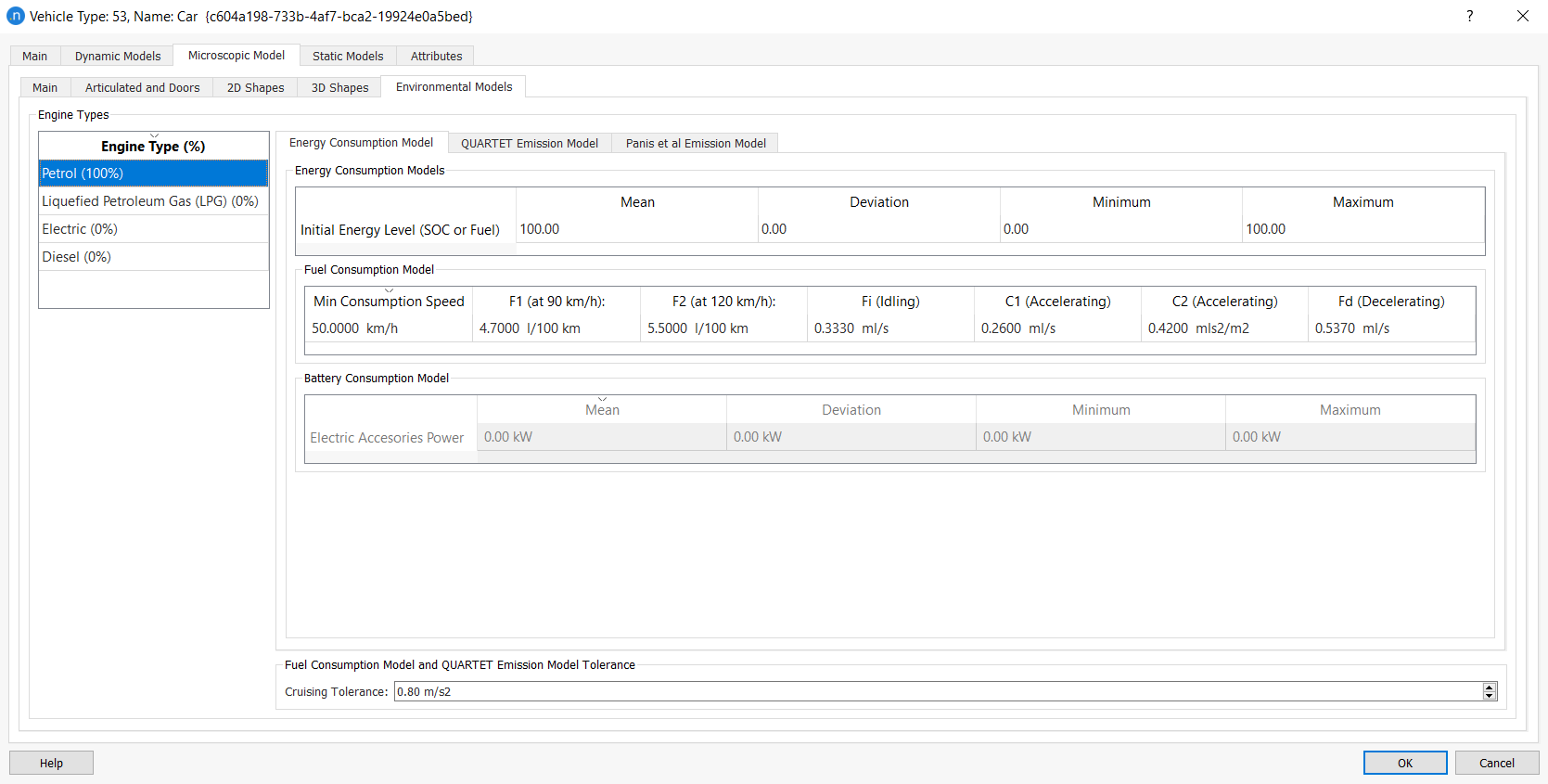 Fuel Consumption values defined in the Vehicle Type editor