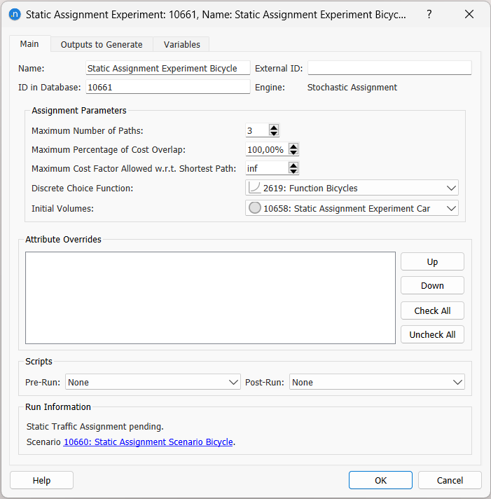 Static assignment experiment dialog