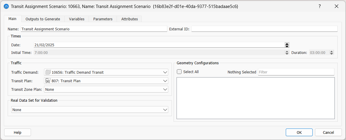 Transit assignment scenario dialog