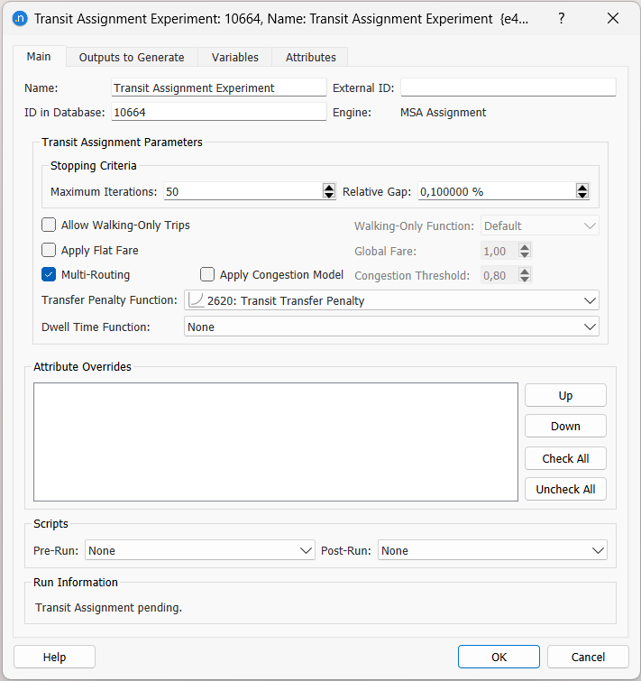 Transit assignment experiment main tab