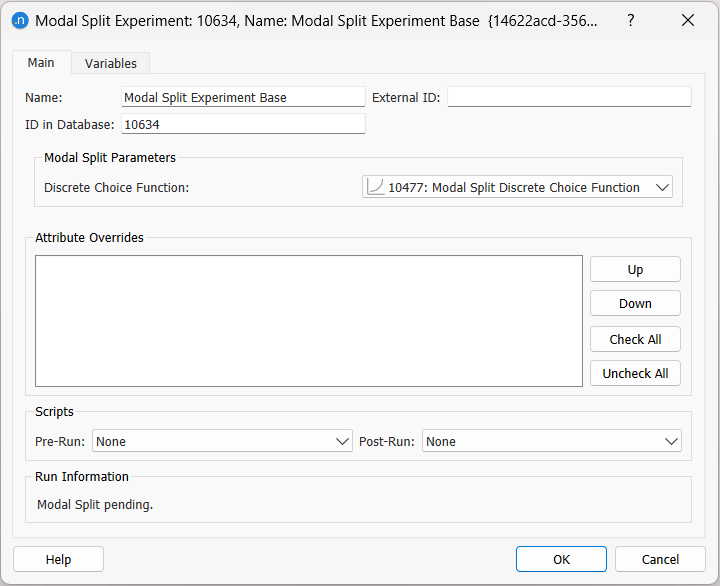 Modal split experiment dialog