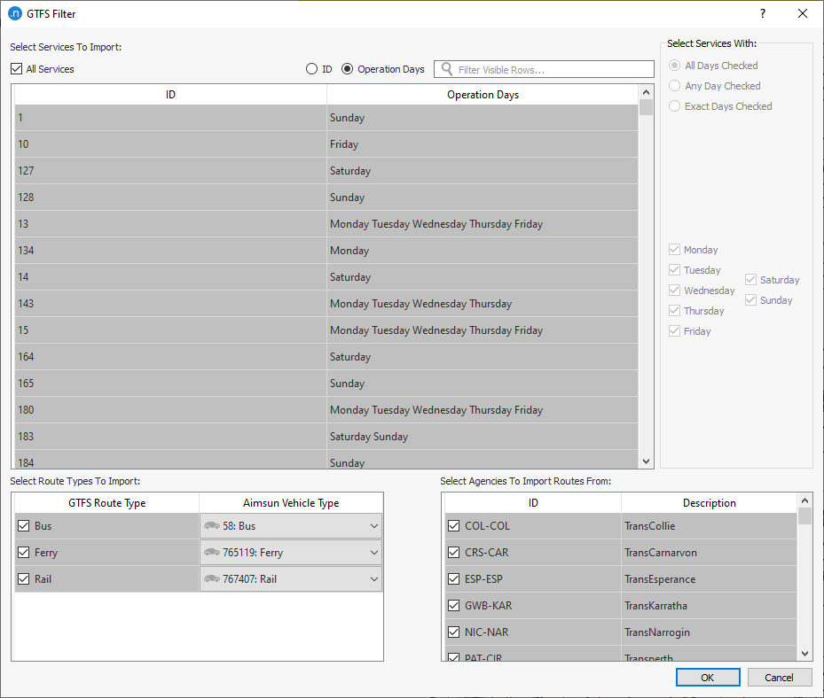 GTFS filter dialog