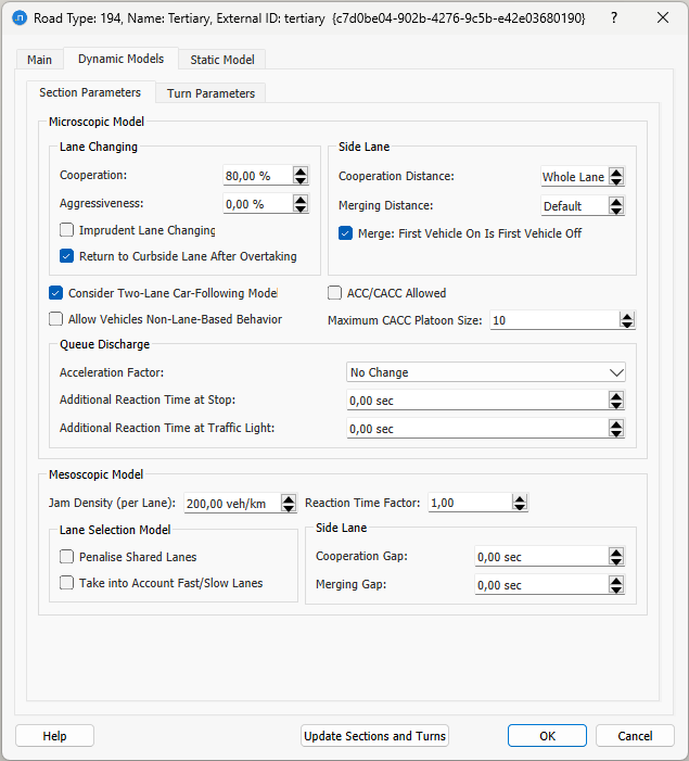 Road Type editor – Dynamic Models tab – Section parameters