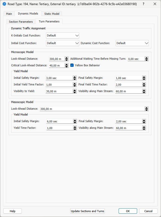 Road Type editor – Dynamic Models folder – Turn Parameters