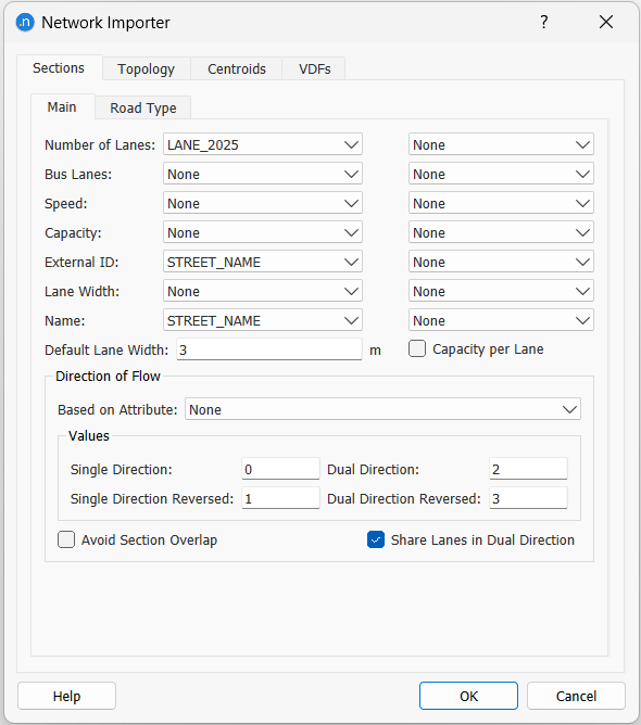 Network Importer Dialog: Sections