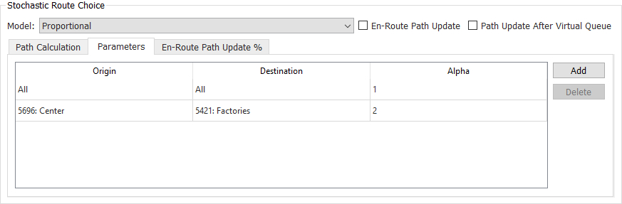 Stochastic Route Choice model window. Proportional Model